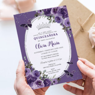 Donker Paarse Bloemenvlinders Silver Quinceañera Kaart