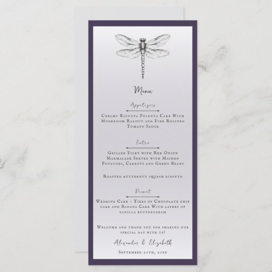 Donker Paarse Dragonfly Wedding Menu (Voorkant / Achterkant)