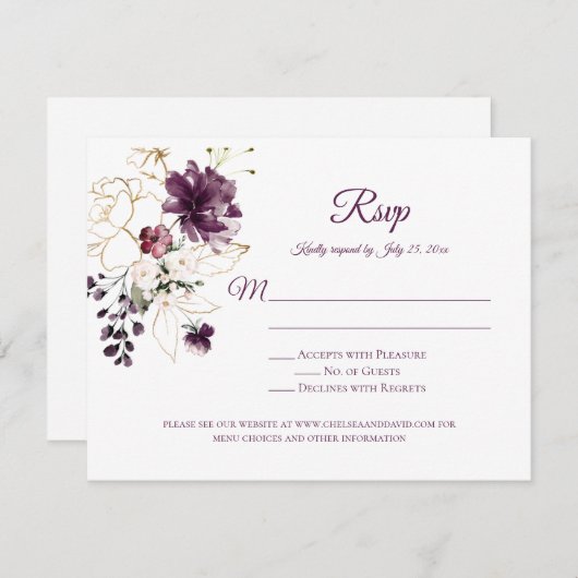 Donker Paarse en Gouden Omtrek Rozen Wit RSVP (Voorkant / Achterkant)