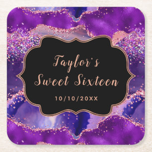 Donker Paarse en Roze Sequins Agaat Sweet Sixteen Vierkante Kartonnen Onderzetter
