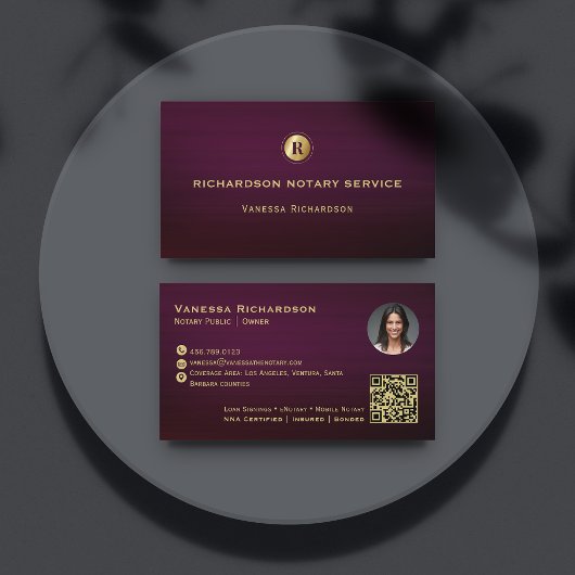 Donker Paarse & Gouden Monogram Slanke Notaris QR Visitekaartje