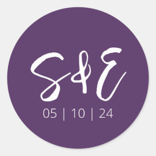 Donker Paarse Monogram Kalligrafie Modern Bruiloft Ronde Sticker