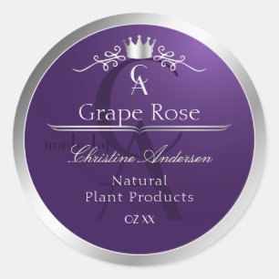 Donker Paarse Productlabel Zilveren Frame Monogram Ronde Sticker