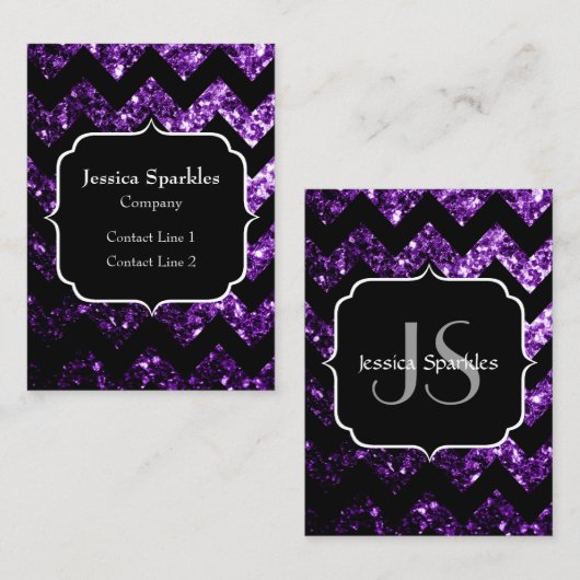 Donker Paarse sparkles zwart Chevron Monogram Visitekaartje (Voorkant / Achterkant)