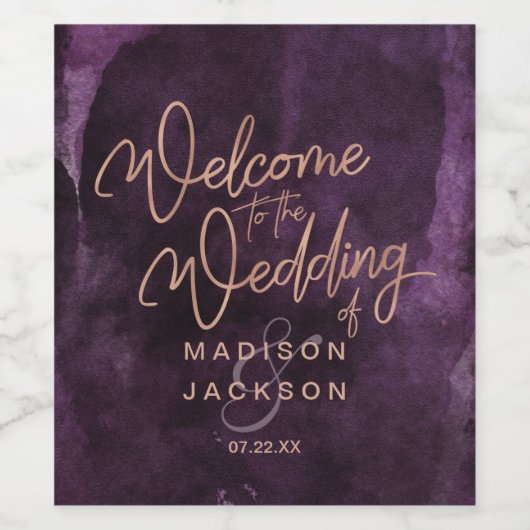 Donker Paarse Waterverf Roos Gouden Bruiloft Welko Wijn Etiket (Enkel label)