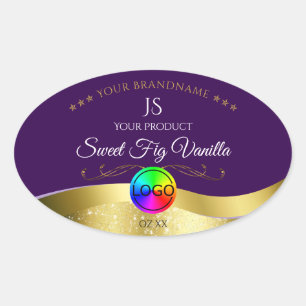 Donker Paarse Wavy Gouden Logo Monogram Productlab Ovale Sticker