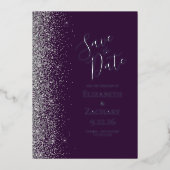 Donker Paarse zilveren glitter Bewaar de datum Folie Uitnodiging (Voorkant)