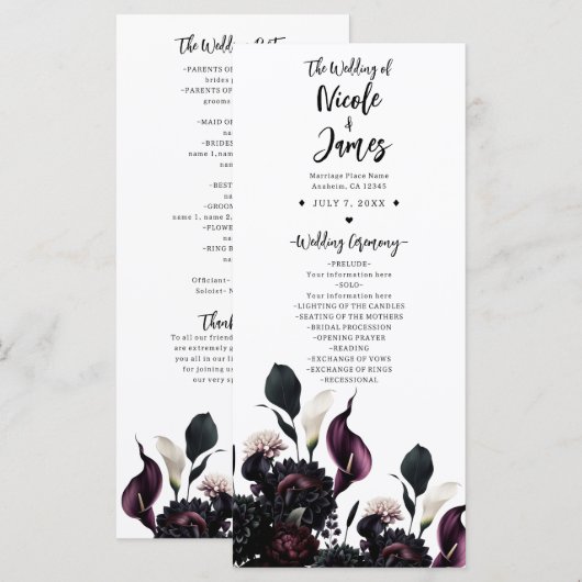 Donker Romantisch Bloemig Trouwprogramma Programma (Voorkant / Achterkant)