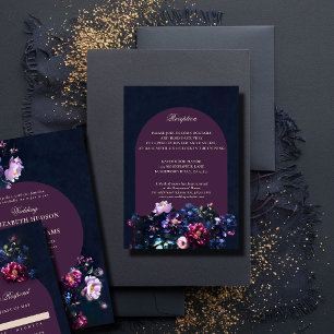 Donker Romantisch Moody Bloemen Mauve Trouwdetails Informatiekaartje
