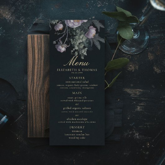 Donker Romantisch Moody Bloemen pioenenbruiloft Menu