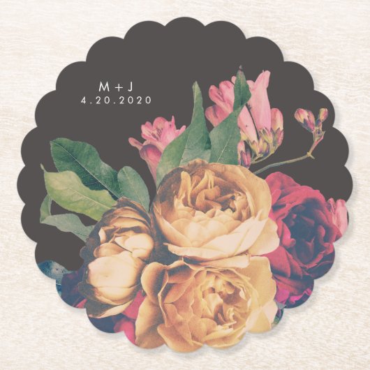 Donker Roos Botanische Fete Wedding Table Onderzet Kartonnen Onderzetters (Voorkant)