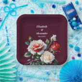 Donker roze witte rode rozen bloemenbruiloft papieren bordje (Feest)