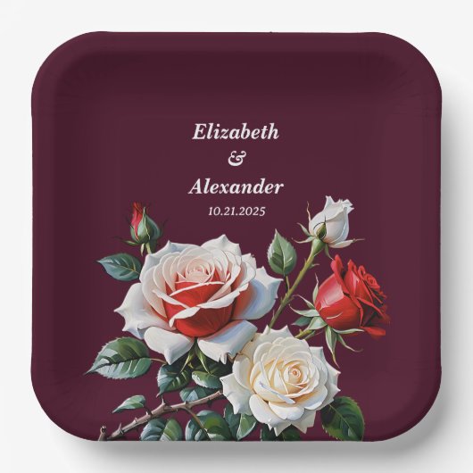 Donker roze witte rode rozen bloemenbruiloft papieren bordje (Voorkant)