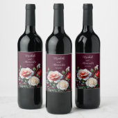 Donker roze witte rode rozen bloemenbruiloft wijn etiket (Flessen)