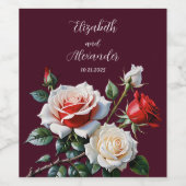 Donker roze witte rode rozen bloemenbruiloft wijn etiket (Enkel label)