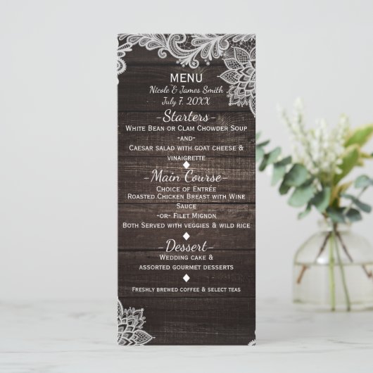 Donker Rustiek Hout & Elegant Kant Bruiloft Menu (Staand voorkant)