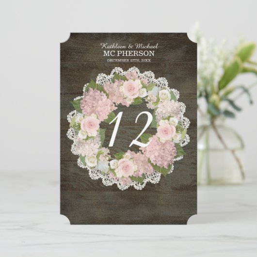 Donker Rustiek Houten Tafelnummers Roze Hydrangea  (Staand voorkant)