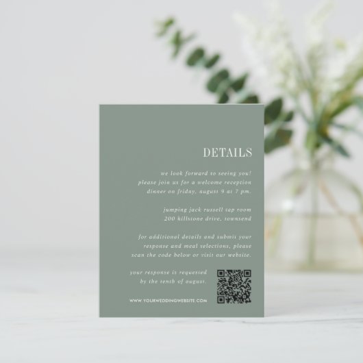 Donker Sage Groen | Alles-in-één bruiloft Details Informatiekaartje (Staand voorkant)