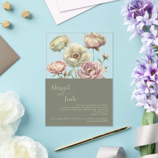 Donker Sage Roze & Sage Bloemen pioenen Acryl Acryl Uitnodigingen (Insitu (Huwelijk))