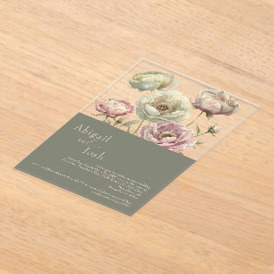 Donker Sage Roze & Sage Bloemen pioenen Acryl Uitnodigingen