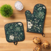 Donker smaragdgroene bloem ovenwant & pannenlap set (Top down)