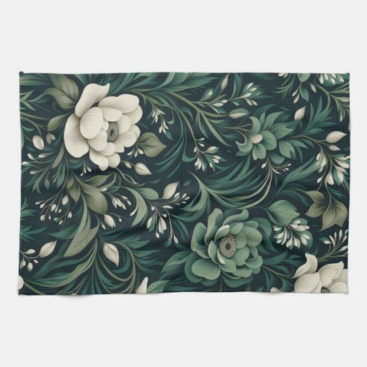 Donker smaragdgroene bloem theedoek (Horizontaal)