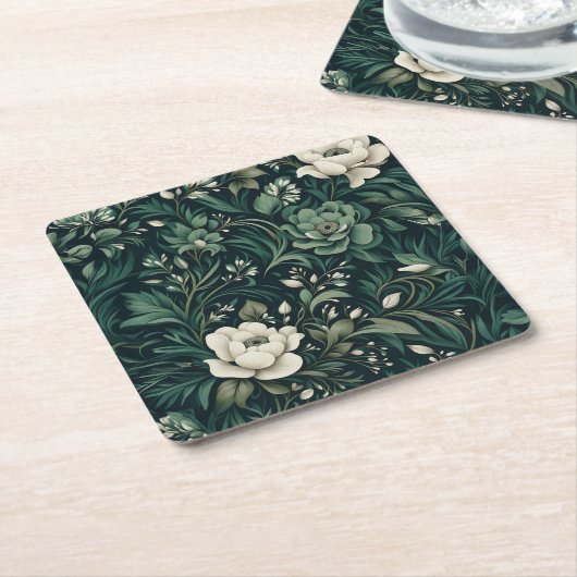 Donker smaragdgroene bloem vierkante kartonnen onderzetter (Schuin)