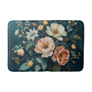 Donker Teal Blauw Oranje Vintage Cottagecore Bloem Badmat