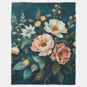 Donker Teal Blauw Oranje Vintage Cottagecore Bloem Fleece Deken