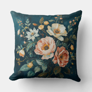 Donker Teal Blauw Oranje Vintage Cottagecore Bloem Kussen