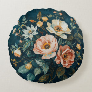 Donker Teal Blauw Oranje Vintage Cottagecore Bloem Rond Kussen