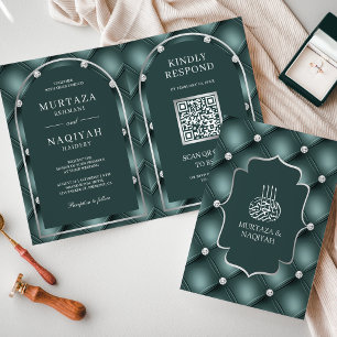 Donker Teal Gepluimde Patroon QR Code Moslim Bruil
