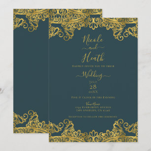 Donker Teal & Gouden Kant Elegante Trouw Kaart
