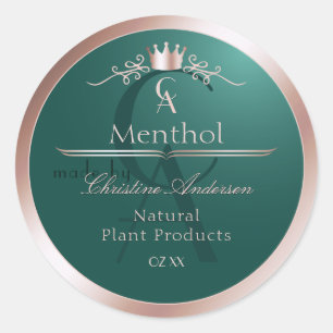 Donker Teal Productlabel Rose Goud Frame Monogram Ronde Sticker