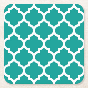 Donker Teal Witte Marokkaanse Quatrefoil Patroon # Vierkante Kartonnen Onderzetter