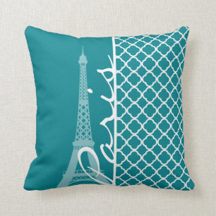 Donker turquoise quatrefoil; Eiffeltoren, Parijs Kussen