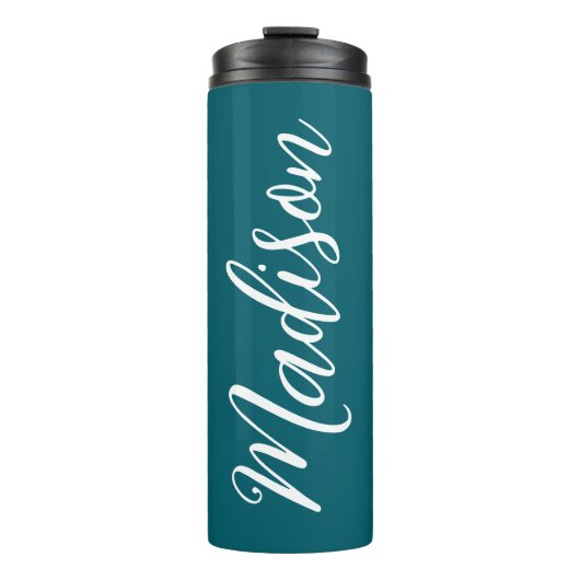 Donker Turquoise Wit Handgeschreven Script Custom Thermosbeker (Voorkant)