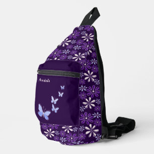 Donker violette bloem doedel patroon sling bag