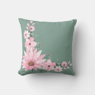 Donker Zee Groen & Roze Bloemen Sierkussen