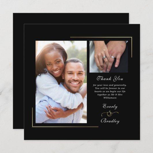 Donker Zwart Goud Wit Script Foto Dank u Kaart (Voorkant / Achterkant)
