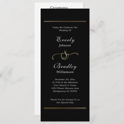 Donker Zwart Wit Script Elegante Minimal Wedding Programma (Voorkant / Achterkant)