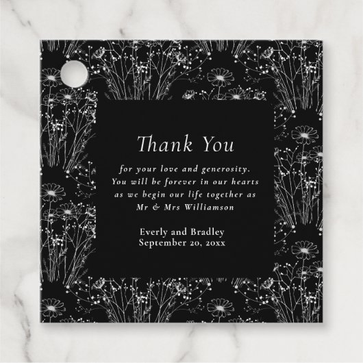 Donker Zwart Wit Wildflower Wedding Dank u Bedankjes Labels (Voorkant)