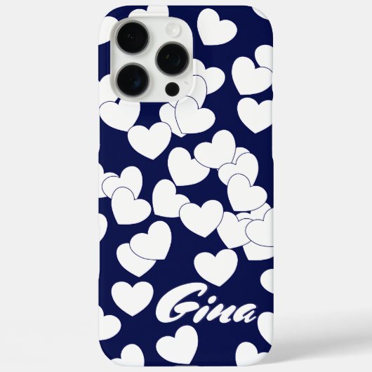 Donkerblauw, aangepaste naam Sjabloon, witte harte Case-Mate iPhone Case (Achterkant)