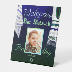 Donkerblauw Bar Mitswa Teken met Gebedshawls Reclamebord Met Voetstuk