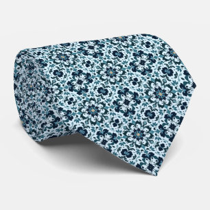 Donkerblauw, blauw-groen & tan bloemenpatroon Tege Stropdas