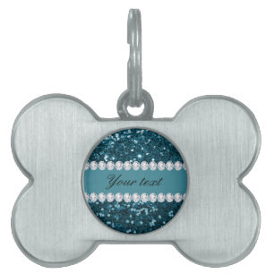 Donkerblauw Blauwgroen Faux Glitter en Diamonds Huisdieren Naamplaatje