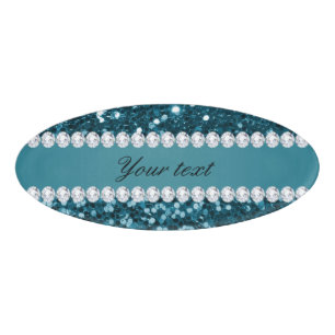 Donkerblauw Blauwgroen Faux Glitter en Diamonds Naambadge