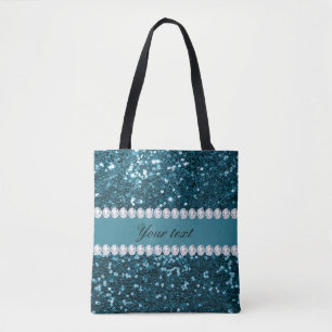 Donkerblauw Blauwgroen Faux Glitter en Diamonds Tote Bag