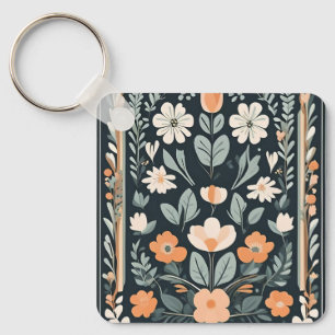 Donkerblauw Bloemen Folk Sleutelhanger