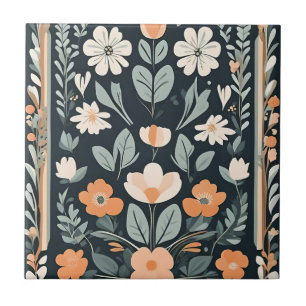 Donkerblauw Bloemen Folk Tegeltje